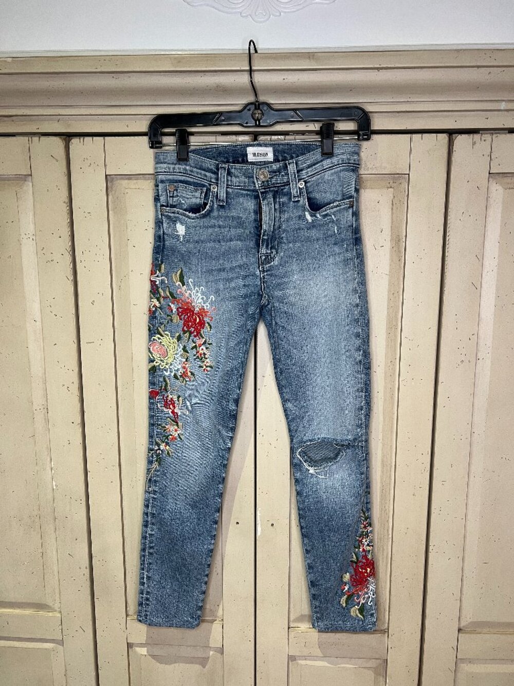 HUDSON Nico Midrise Ankle Super Skinny Floral Embroidered Jeans Size 24